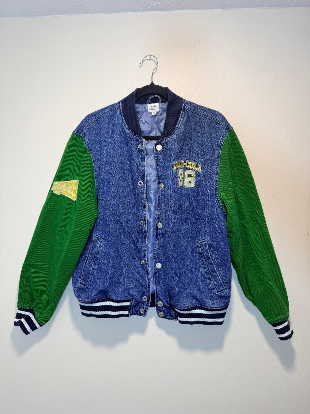 M Coca-Cola Denim Varsity Jacket Colorblock Blue Green Vintage Style
